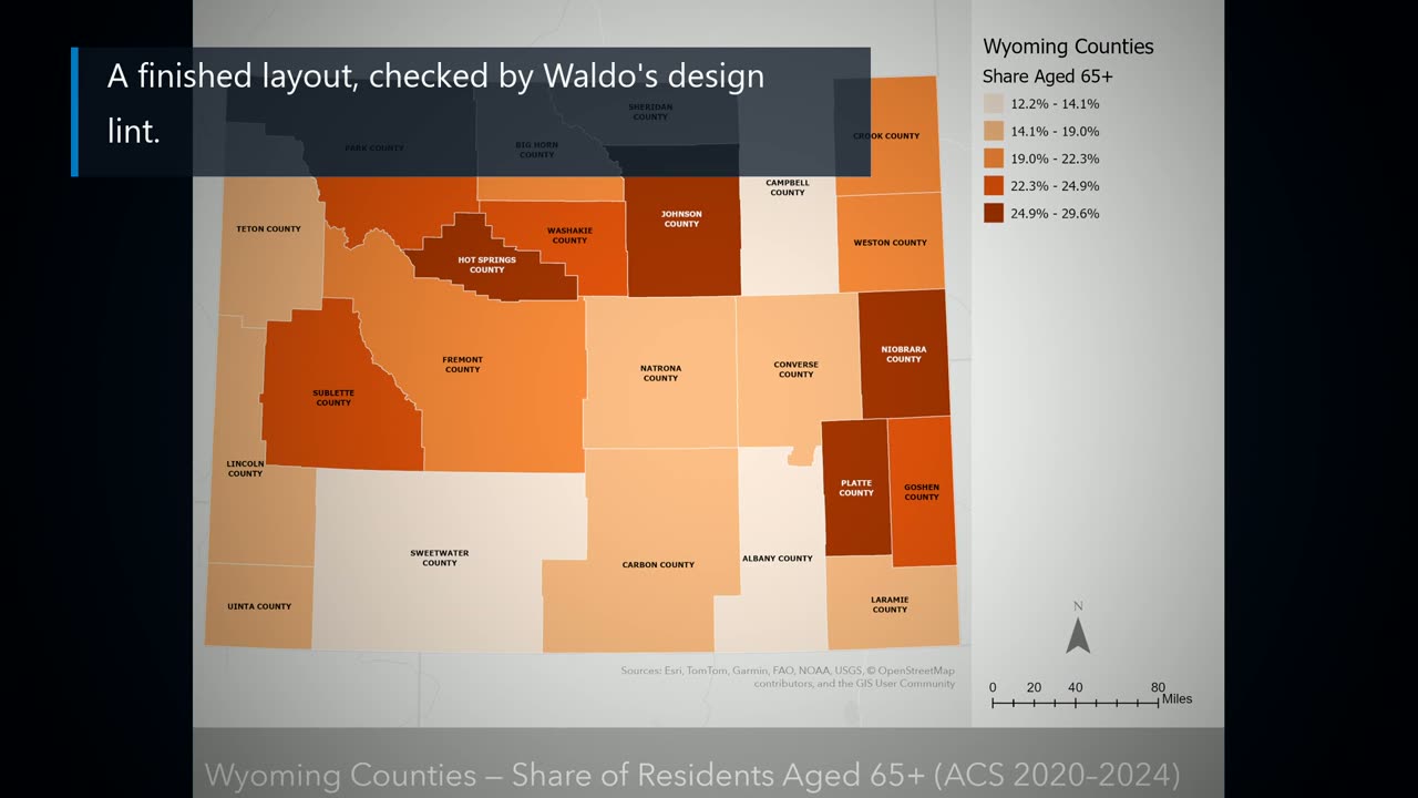 A finished Wyoming counties layout showing the share of residents aged 65 and older